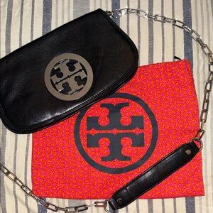 Tory Burch Black Leather Clutch with Silver Accents